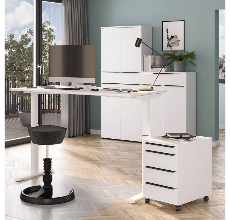 Lomadox Büromöbel-Set MEMPHIS-01, (Spar-Set, 4-tlg., Aktenschrank Büroschrank Rollcontainer Computertisch), Büroausstattung in weiß, mit Schreibtisch 140x80cm von Lomadox