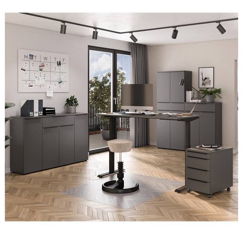 Lomadox Büromöbel-Set MEMPHIS-01, (Spar-Set, 5-tlg., Aktenschrank Büroschrank Sideboard Rollcontainer Computertisch), Büroausstattung in graphit, mit Schreibtisch 120x80cm von Lomadox