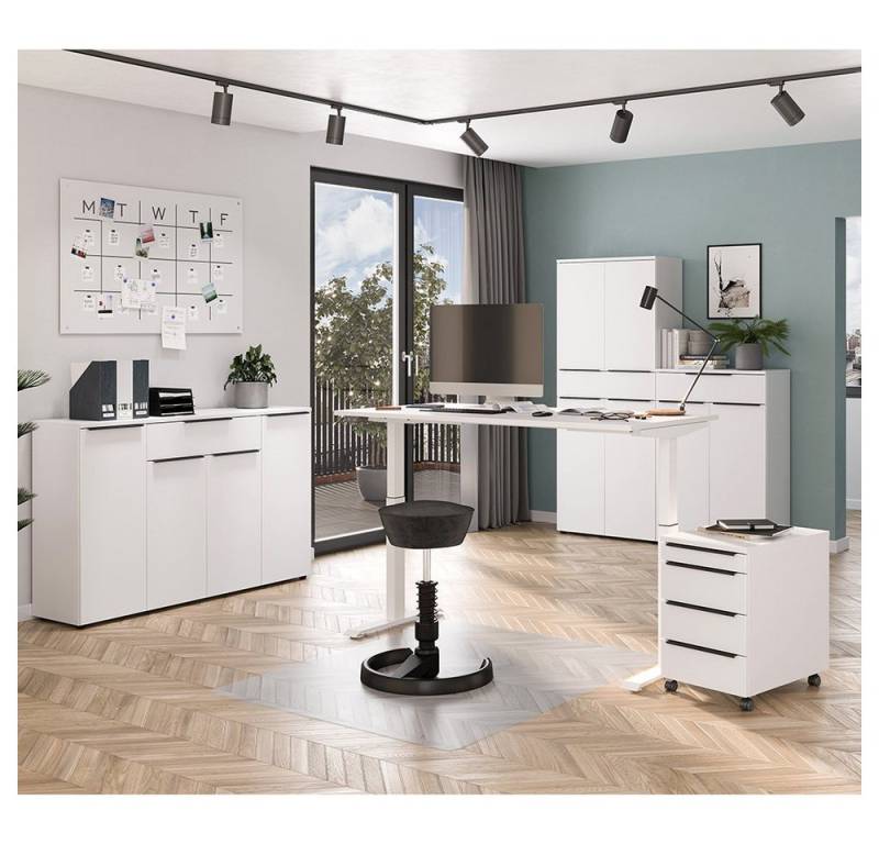 Lomadox Büromöbel-Set MEMPHIS-01, (Spar-Set, 5-tlg., Aktenschrank Büroschrank Sideboard Rollcontainer Computertisch), Büroausstattung in weiß, mit Schreibtisch 140x80cm von Lomadox