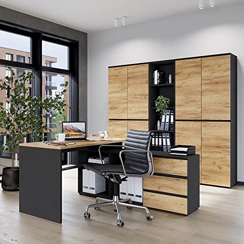 Lomadox Büromöbel Set mit Aktenschrank Kombination in Graphit mit Navarra Eiche Nb. von Lomadox