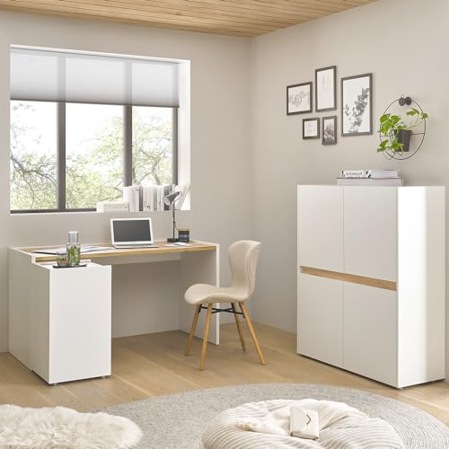 Lomadox Büromöbel Set weiß mit Eiche 3-teilig modern, 1 Schreibtisch, 1 Regal, 1 Highboard von Lomadox