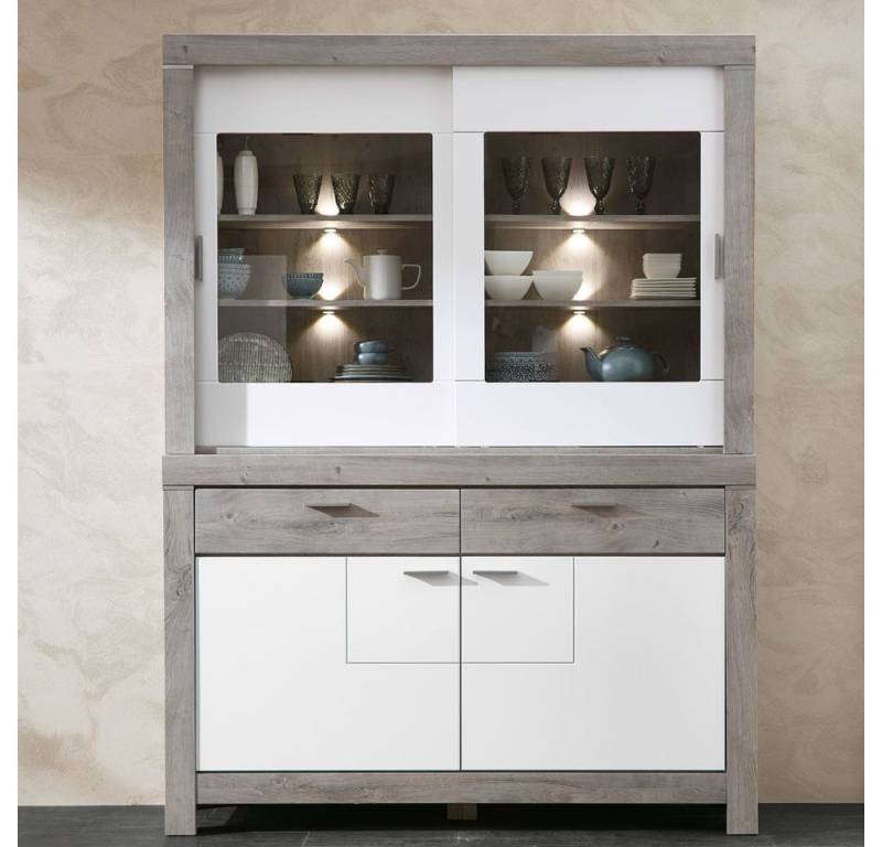 Lomadox Buffet GRONAU-55 schrank in weiß matt und Haveleiche Nb. inkl. LED, : 157x211x43cm von Lomadox