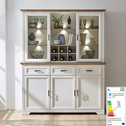 Lomadox Buffetschrank Buffet Esszimmerschrank Vitrinenschrank Küchenschrank im Landhaus-Stil in Pinie weiß mit Artisaneiche, B/H/T 166/204/48cm Landhaus-Stil mit Pinie hell & Artisan Eiche Nb. von Lomadox