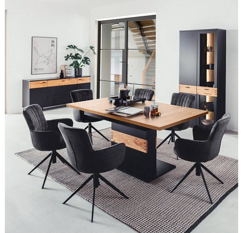 Lomadox Esszimmer-Set CHAPLEAU-05, (Spar-Set, 3-St), mit Ausziehtisch 180-280cm, LED Beleuchtung, Wildeiche, schwarzgrau von Lomadox