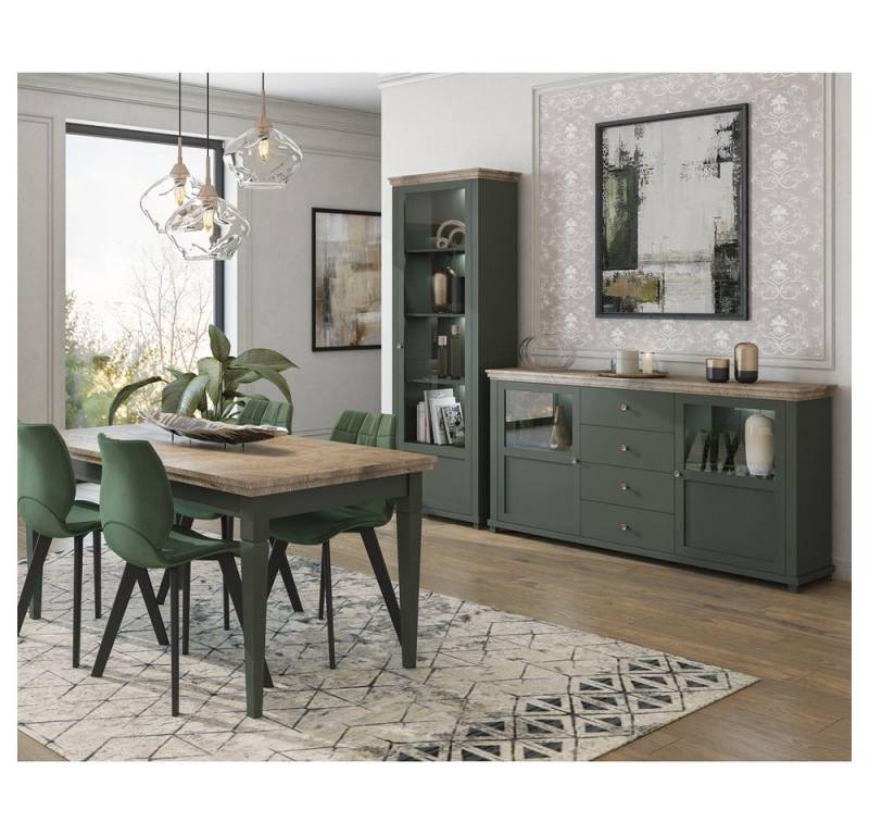 Lomadox Esszimmer-Set EPSOM-83, (Spar-Set, 3-St), Esstisch mit Vitrinen im Landhausstil in grün mit Lefkas Eiche Nb. von Lomadox