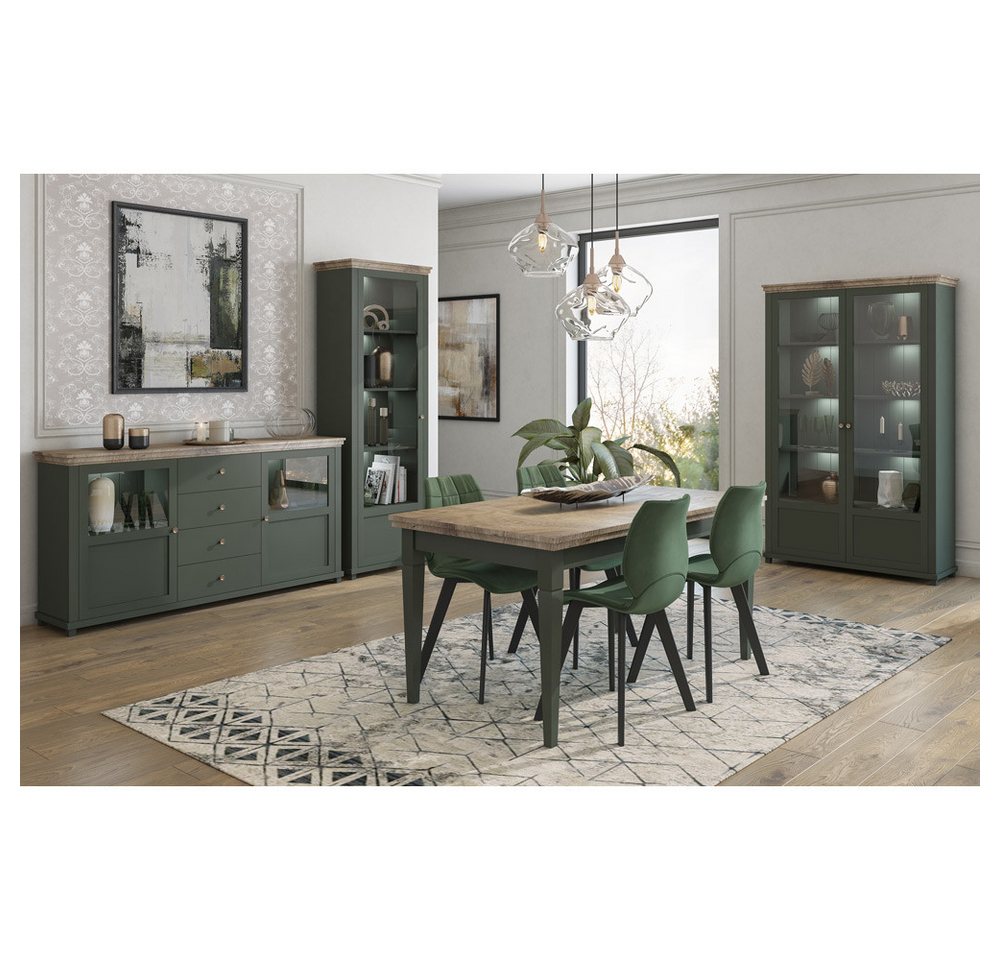 Lomadox Esszimmer-Set EPSOM-83, (Spar-Set, 4-St), im Landhaus Design mit Vitrinen in grün mit Lefkas Eiche Nb. von Lomadox