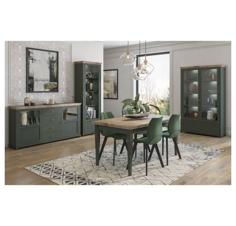 Lomadox Esszimmer-Set EPSOM-83, (Spar-Set, 4-St), im Landhaus Design mit Vitrinen in grün mit Lefkas Eiche Nb. von Lomadox