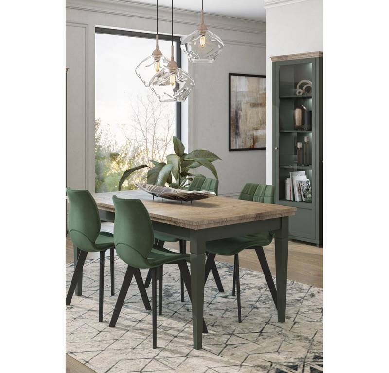 Lomadox Esszimmer-Set EPSOM-83, (Spar-Set, 2-St), Esszimmer Tisch mit Landhausstil in grün mit Lefkas Eiche Nb. von Lomadox