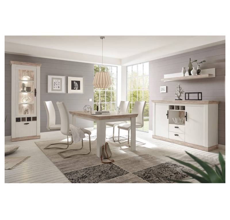 Lomadox Esszimmer-Set FERNA-61, (Spar-Set, 5-St), Landhausstil in Pinie weiß Nb. mit Vitrine, Sideboard und Beleuchtung von Lomadox