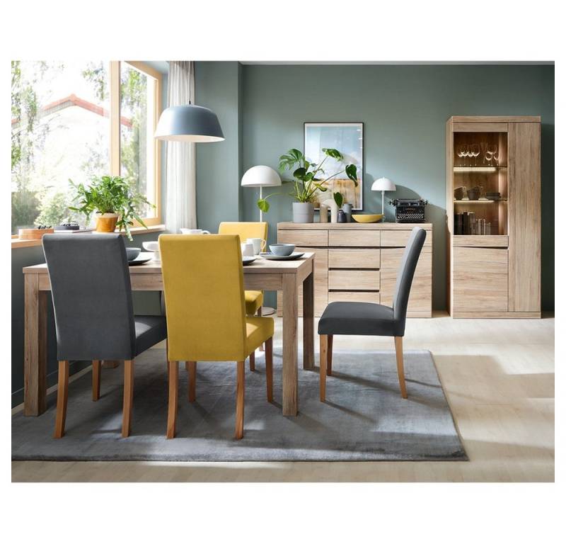 Lomadox Esszimmer-Set SANFORD-129, (Spar-Set, 3-St), San Remo Eiche hell Nb., Beleuchtung, Esstisch 140-180 cm erweiterbar von Lomadox