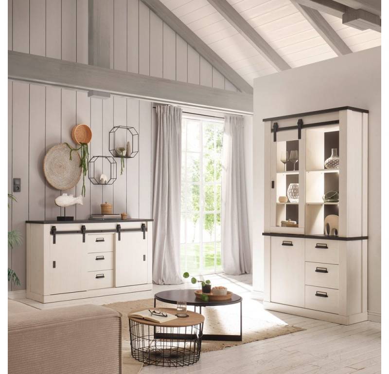 Lomadox Esszimmer-Set SHELTON-61, (Spar-Set, 2-St), in Pinie weiß Nb. mit anthrazit, Kommode, Sideboard, Anrichte, Vitrine von Lomadox