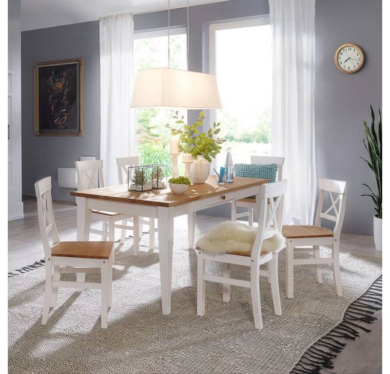 Lomadox Essgruppe WARNA-69, (Spar-Set, 7-tlg), in Kiefer weiß mit Eiche inkl. Stühle und Esstisch, Landhausstil von Lomadox