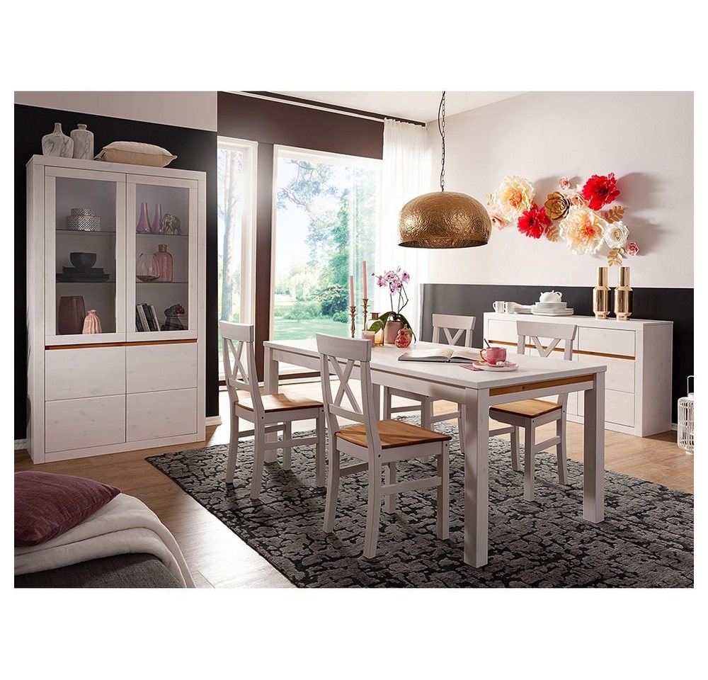 Lomadox Esszimmer-Set WILSON-69, (Spar-Set, 3-St), in weiß Kiefer Massivholz, Esstisch, Vitrine, Sideboard, Softclose von Lomadox