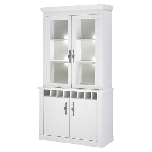 Lomadox Esszimmer Buffetschrank Buffet Vitrinenschrank inkl. LED-Beleuchtung mit 110 cm Breite in Pinie weiß, Flascheneinteilung - Landhaus-Stil von Lomadox