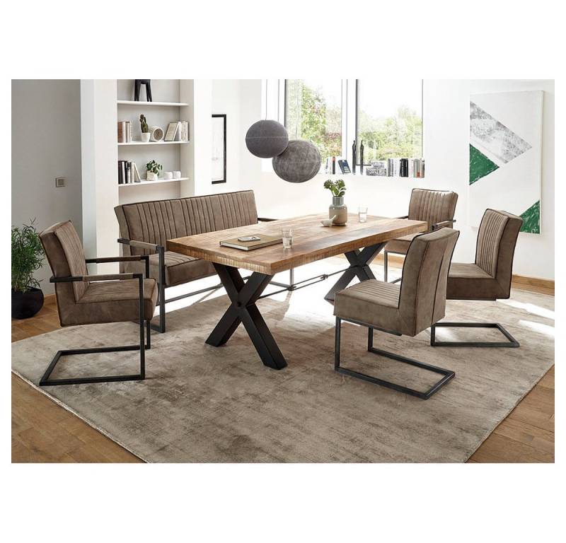 Lomadox Essgruppe AMSTERDAM-119, (Spar-Set, 6-tlg), Tischplatte Mango 200cm Freischwinger taupe Esszimmersofa Bank von Lomadox