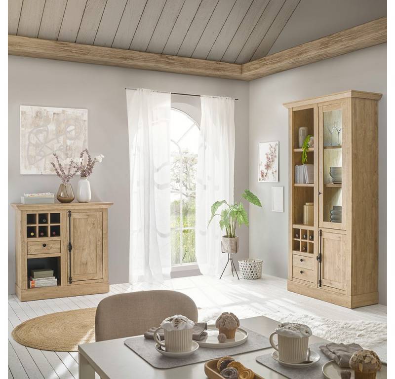 Lomadox Esszimmer-Set COLBY-61, (Spar-Set, 2-St., Kommode Vitrine), in Eiche mit Beleuchtung, Landhausstil mit schwarzen Griffen von Lomadox