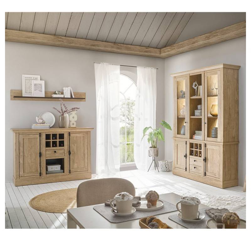 Lomadox Esszimmer-Set COLBY-61, (Spar-Set, 3-St., Buffetschrank Sideboard Wandregal), in Eiche mit Beleuchtung, Landhausstil mit schwarzen Griffen von Lomadox