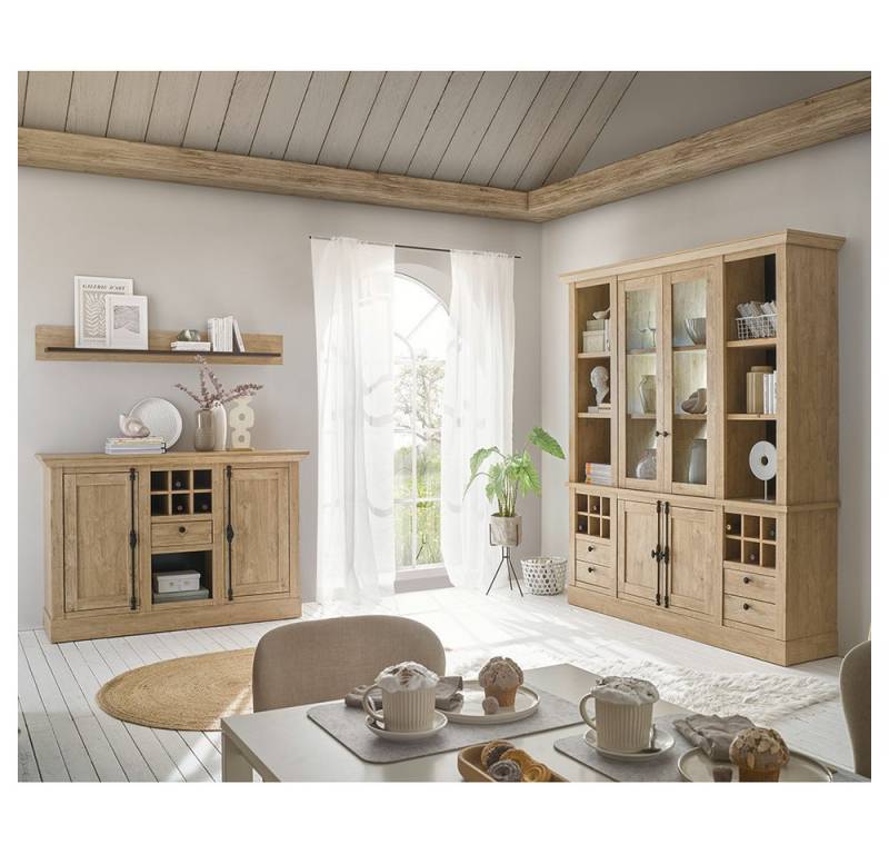 Lomadox Esszimmer-Set COLBY-61, (Spar-Set, 3-St., Buffetschrank Sideboard Wandregal), in Eiche mit Beleuchtung, Landhausstil mit schwarzen Griffen von Lomadox