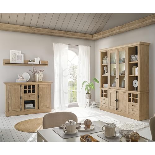 Lomadox Esszimmer-Set Esszimmermöbel in Eiche mit schwarz 3-teilig, Landhausstil, 1 Wandboard, 1 Sideboard, 1 Buffetschrank inkl. LED-Beleuchtung von Lomadox