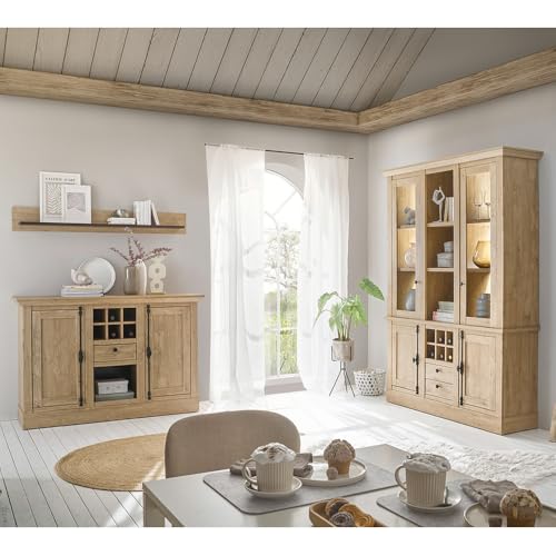 Lomadox Esszimmer-Set Esszimmermöbel in Eiche mit schwarz 3-teilig, Landhausstil, 1 Wandboard, 1 Sideboard, 1 Buffetschrank inkl. LED-Beleuchtung von Lomadox