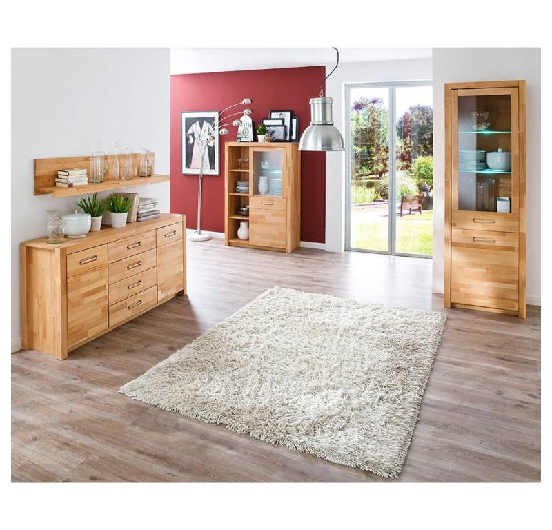 Lomadox Esszimmer-Set FOSSANO-06, (Spar-Set, 4-St., Highboard Sideboard Vitrine Wandregal), in Kernbuche massiv geölt, inkl. LED-Beleuchtung von Lomadox