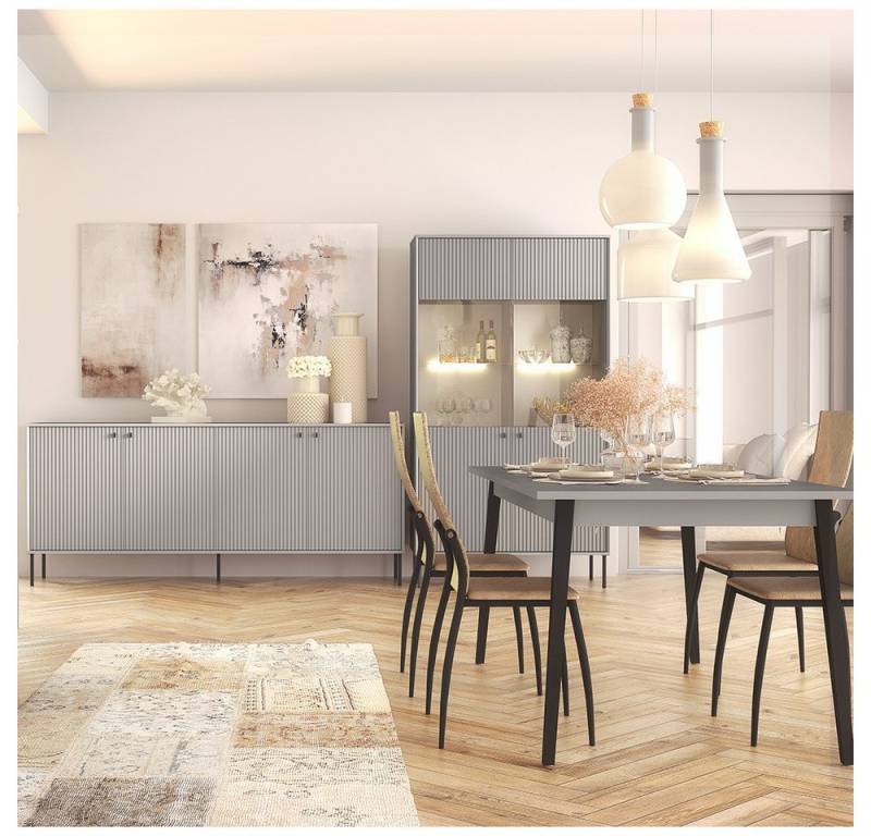 Lomadox Esszimmer-Set IPSWICH-166, (Spar-Set, 3-St., Vitrine Kommode Esstisch), mit ausziehbarem Esstisch (180-220cm), grau mit gerillter Front von Lomadox
