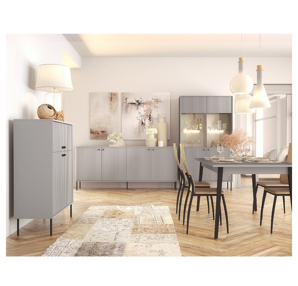 Lomadox Esszimmer-Set IPSWICH-166, (Spar-Set, 4-St., Vitrine Kommode Highboard Esstisch), mit ausziehbarem Esstisch (180-220cm), grau mit gerillter Front von Lomadox