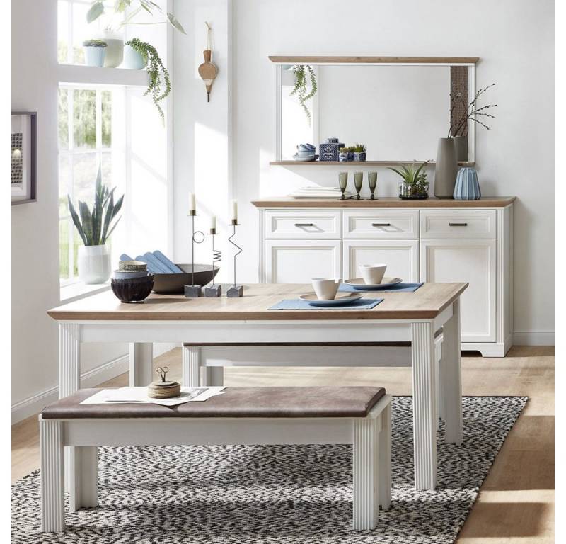 Lomadox Esszimmer-Set JÜLICH-36, (Spar-Set, 5-St), Pinie weiß und Artisan Eiche Nb. Vitrine inkl. LED - 341/206/90 cm von Lomadox