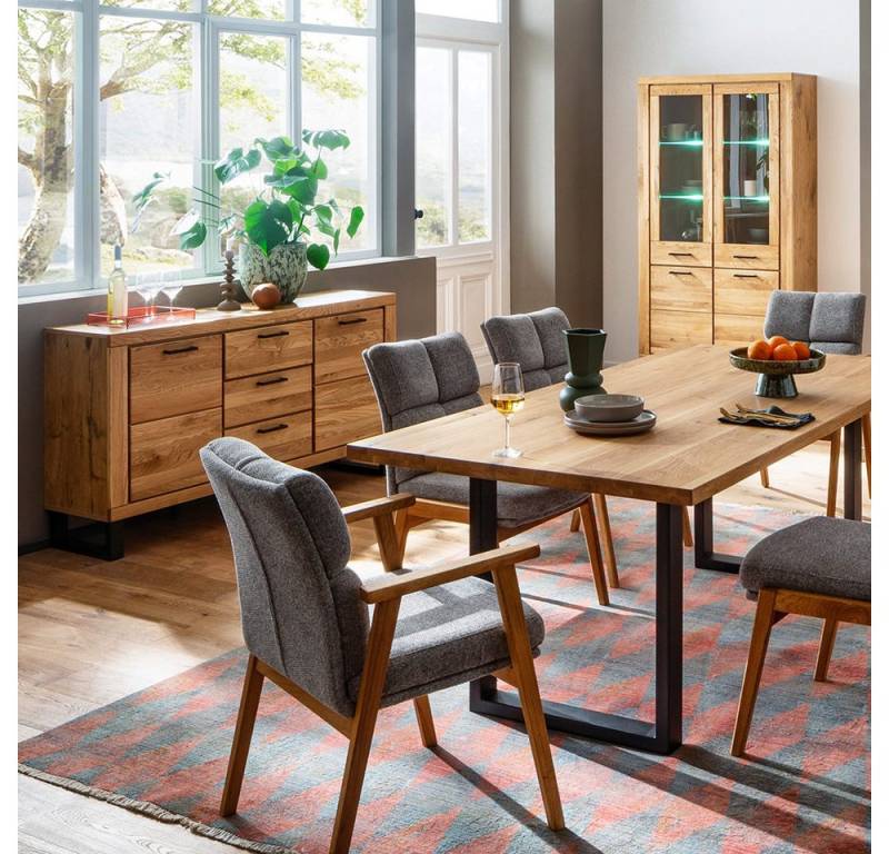 Lomadox Esszimmer-Set KUMASI-06, (Spar-Set, 3-St., Sideboard Vitrine Esstisch), mit Esstisch 180x100cm, Eiche teilmassiv, inkl. LED-Beleuchtung von Lomadox