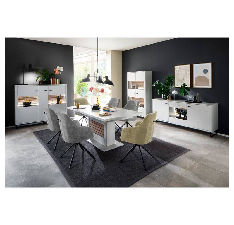 Lomadox Esszimmer-Set LAUREANA-05, (Spar-Set, 4-St., Highboard Vitrine Sideboard Esstisch), Esszimmermöbel,weiß Eiche, ausziehbar 180/230/280cm, LED-Beleuchtung von Lomadox