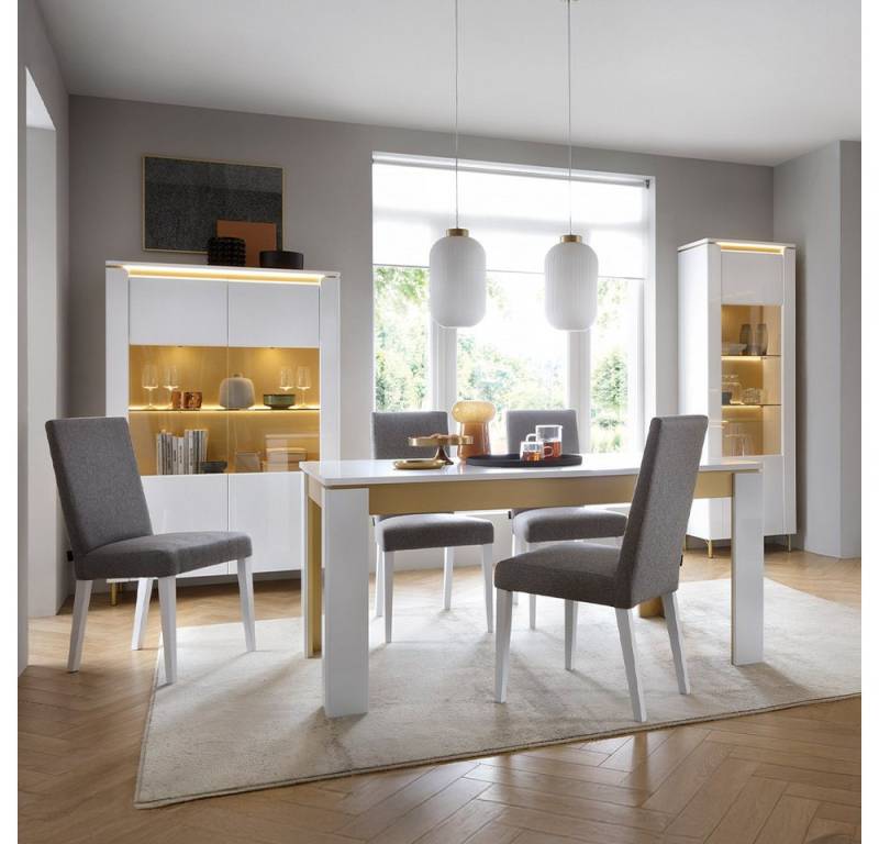Lomadox Esszimmer-Set LUKA-129, (Spar-Set, 3-St., Esstisch Vitrine Vitrinenschrank), weiß mit goldfarbenen Akzenten von Lomadox