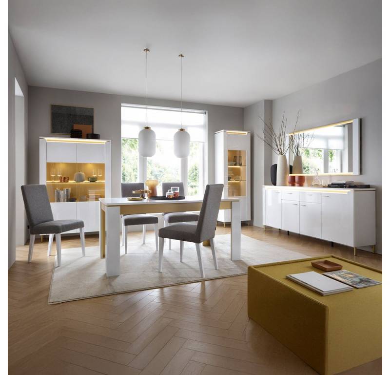 Lomadox Esszimmer-Set LUKA-129, (Spar-Set, 5-St., Sideboard Spiegel Esstisch Vitrine Vitrinenschrank), weiß mit goldfarbenen Akzenten, inkl. Beleuchtung von Lomadox