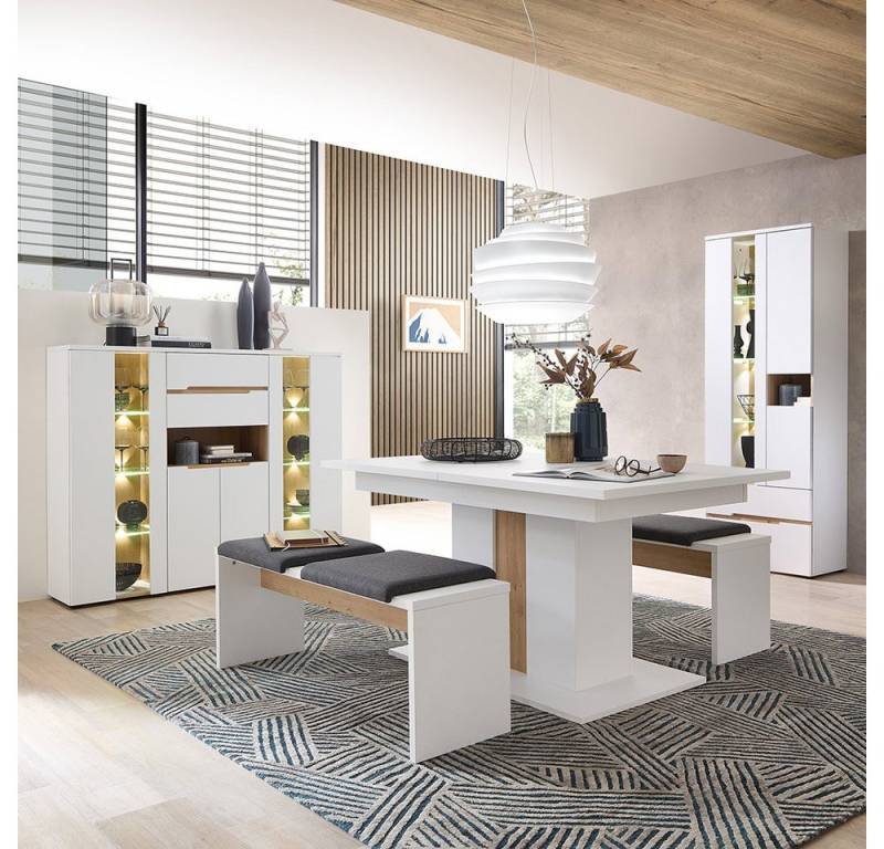 Lomadox Esszimmer-Set MANRESA-36-WHITE, (Spar-Set, 5-St., Highboard Vitrine Esstisch Sitzbänke), in weiß supermatt mit Eiche, Bänke mit Sitzkissen, inkl. Beleuchtung von Lomadox