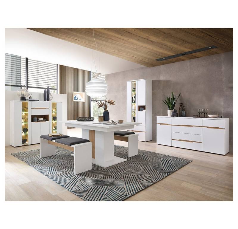 Lomadox Esszimmer-Set MANRESA-36-WHITE, (Spar-Set, 6-St., Vitrine), in weiß supermatt mit Eiche, Bänke mit Sitzkissen, inkl. Beleuchtung von Lomadox