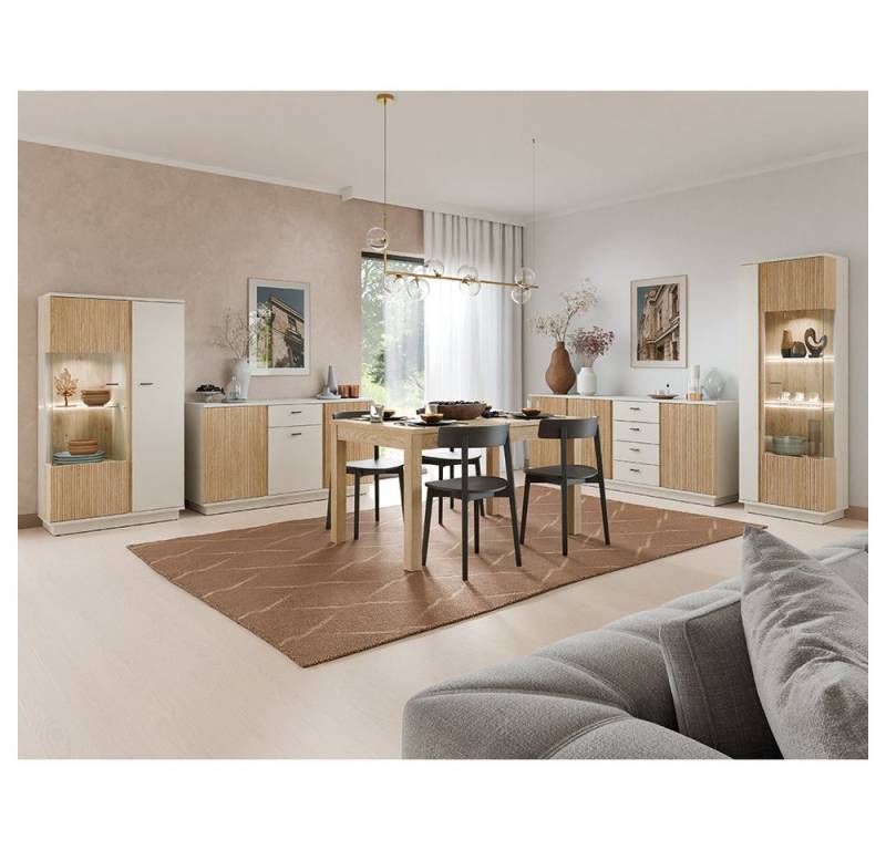 Lomadox Esszimmer-Set MOLINA-129, (Spar-Set, 5-St., Highboard Kommode Sideboard Vitrine Esstisch), Esszimmermöbel in Eiche & kaschmir mit Softclose-Funktion & Stauraum von Lomadox