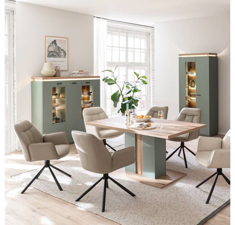 Lomadox Esszimmer-Set MOSTAR-05, (Spar-Set, 3-St., Highboard Vitrinenschrank Esstisch), Grün mit Eiche, LED-Beleuchtung von Lomadox