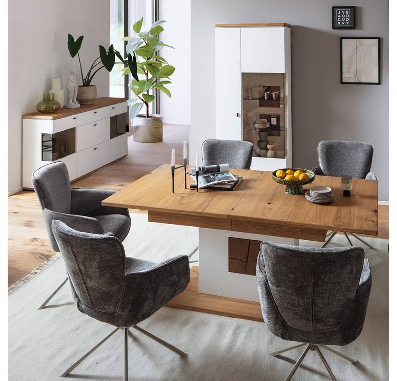 Lomadox Esszimmer-Set MULLINGAR-05, (Spar-Set, 3-St., Sideboard Vitrine ausziehbarer Esstisch), Ausziehtisch 180-230cm, weiß mit Eiche von Lomadox