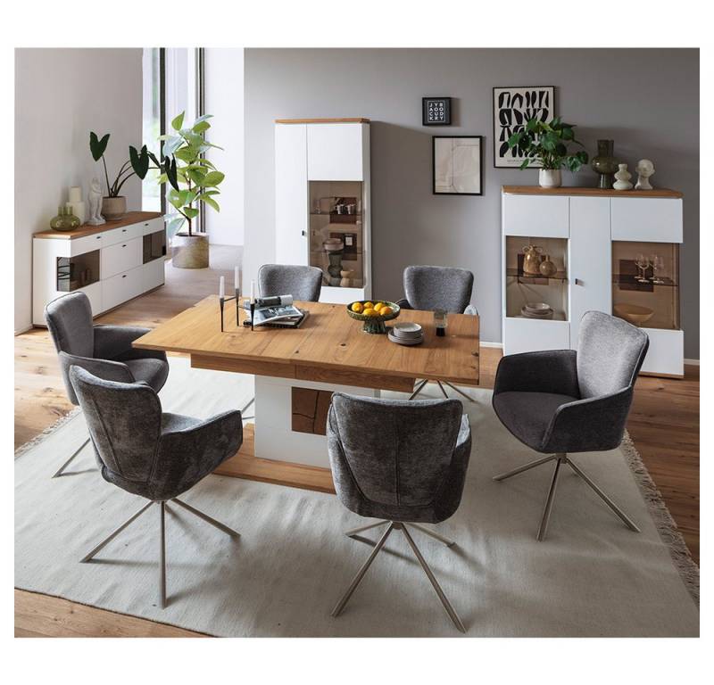 Lomadox Esszimmer-Set MULLINGAR-05, (Spar-Set, 4-St., Sideboard Vitrine Highboard ausziehbarer Esstisch), Ausziehtisch 180-230cm, weiß mit Eiche von Lomadox