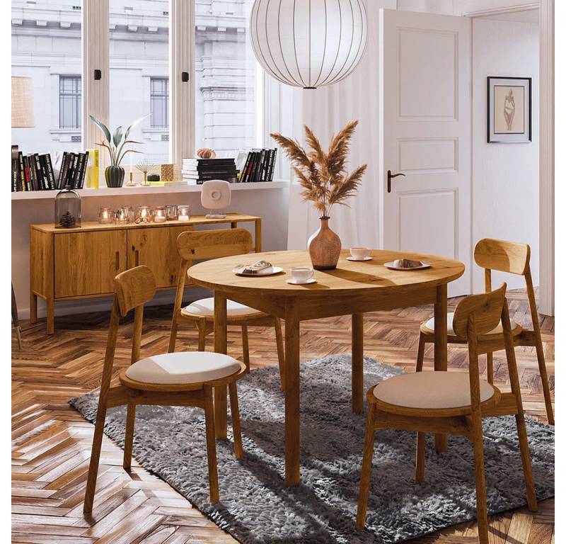 Lomadox Esszimmer-Set PORI-165, (Spar-Set, 6-St., Sideboard Stühle runder Esstisch), Wildeiche massiv geölt, Echtholz/Massivholz von Lomadox