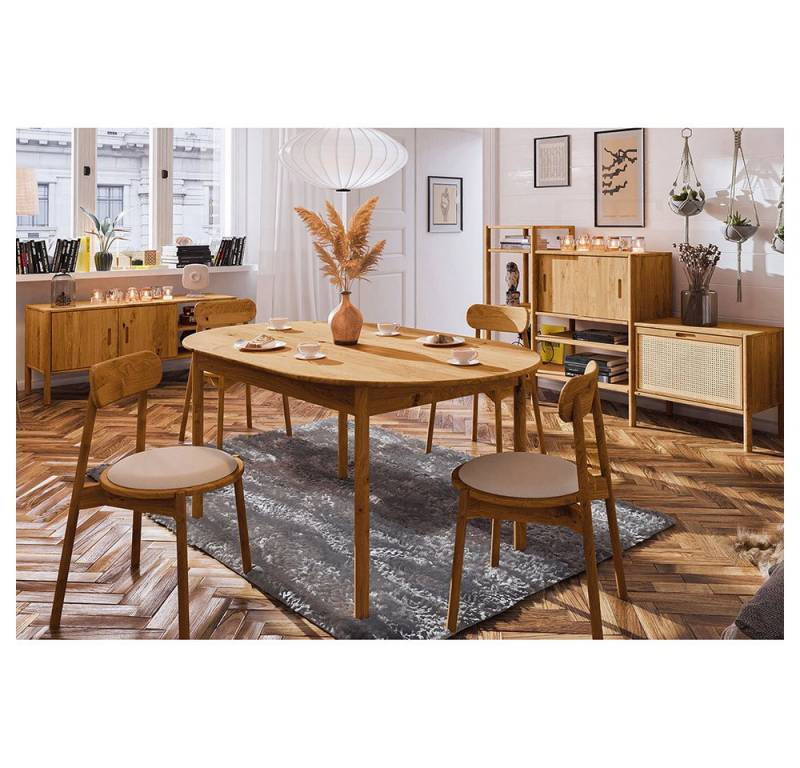 Lomadox Esszimmer-Set PORI-165, (Spar-Set, 7-St., Sideboard Regalschrank Stühle ovaler Esstisch), Wildeiche massiv geölt, Rattangeflecht, Echtholz/Massivholz von Lomadox