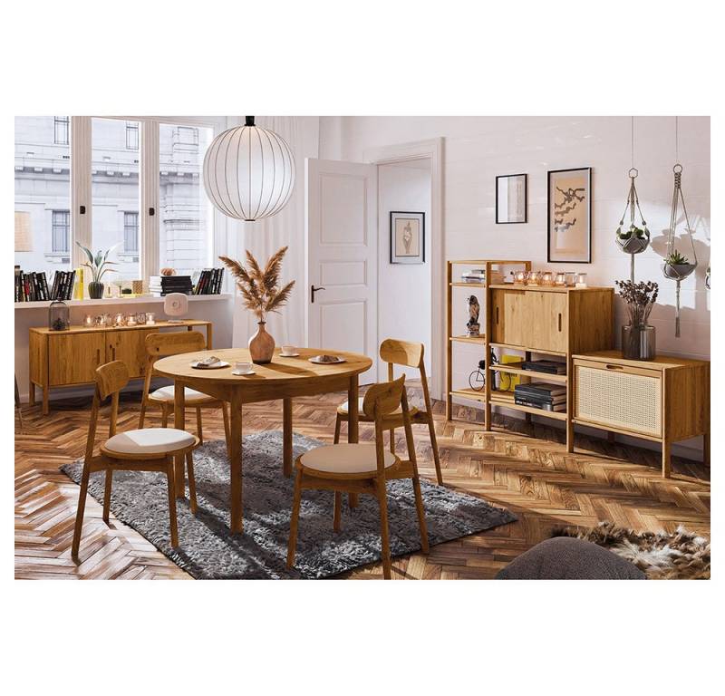 Lomadox Esszimmer-Set PORI-165, (Spar-Set, 7-St., Sideboard Regalschrank Stühle runder ausziehbarer Esstisch), Wildeiche massiv geölt, Rattangeflecht, Echtholz/Massivholz von Lomadox