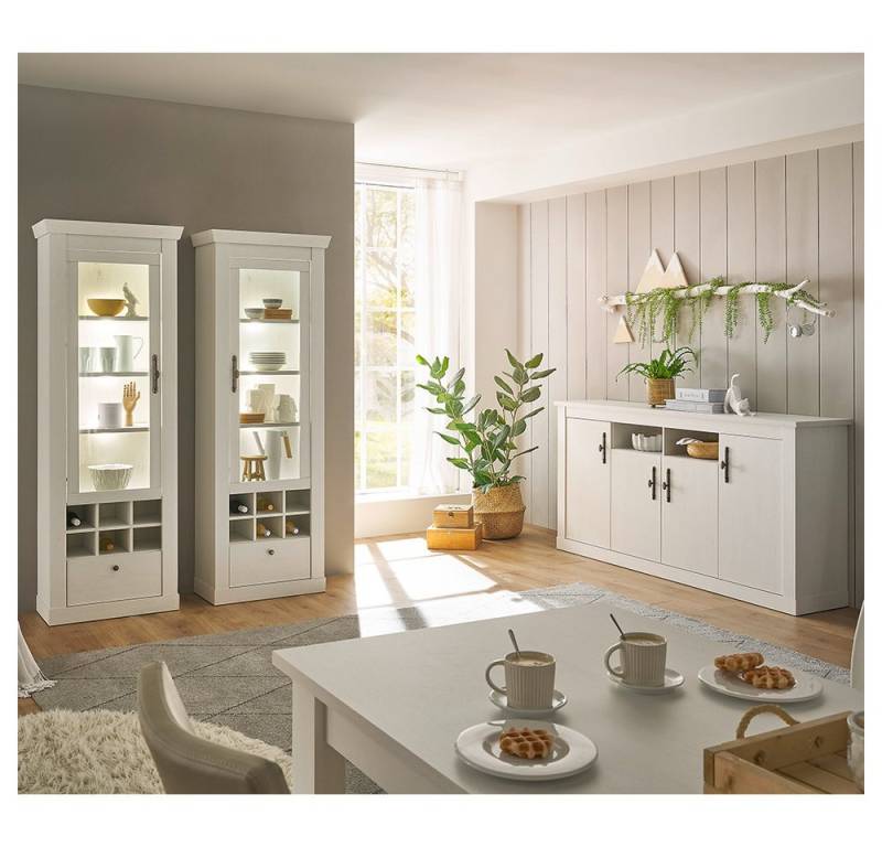 Lomadox Esszimmer-Set RAPLA-61, (Spar-Set, 3-St., Vitrinen Sideboard), mit LED-Beleuchtung, Pinie weiß, Landhaus-Stil von Lomadox