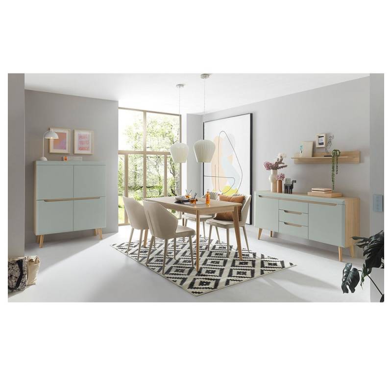 Lomadox Esszimmer-Set STOCKTON-61, (Spar-Set, 4-St., Sideboard, Wandboard, Highboard, Esstisch), grün matt mit Eiche Nb. von Lomadox