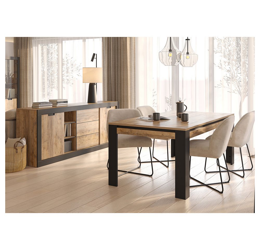 Lomadox Esszimmer-Set TOLOSA-83, (Spar-Set, 2-St., Esstisch Kommode), in Eiche mit Rahmen in Mattschwarz, 2-teilig von Lomadox