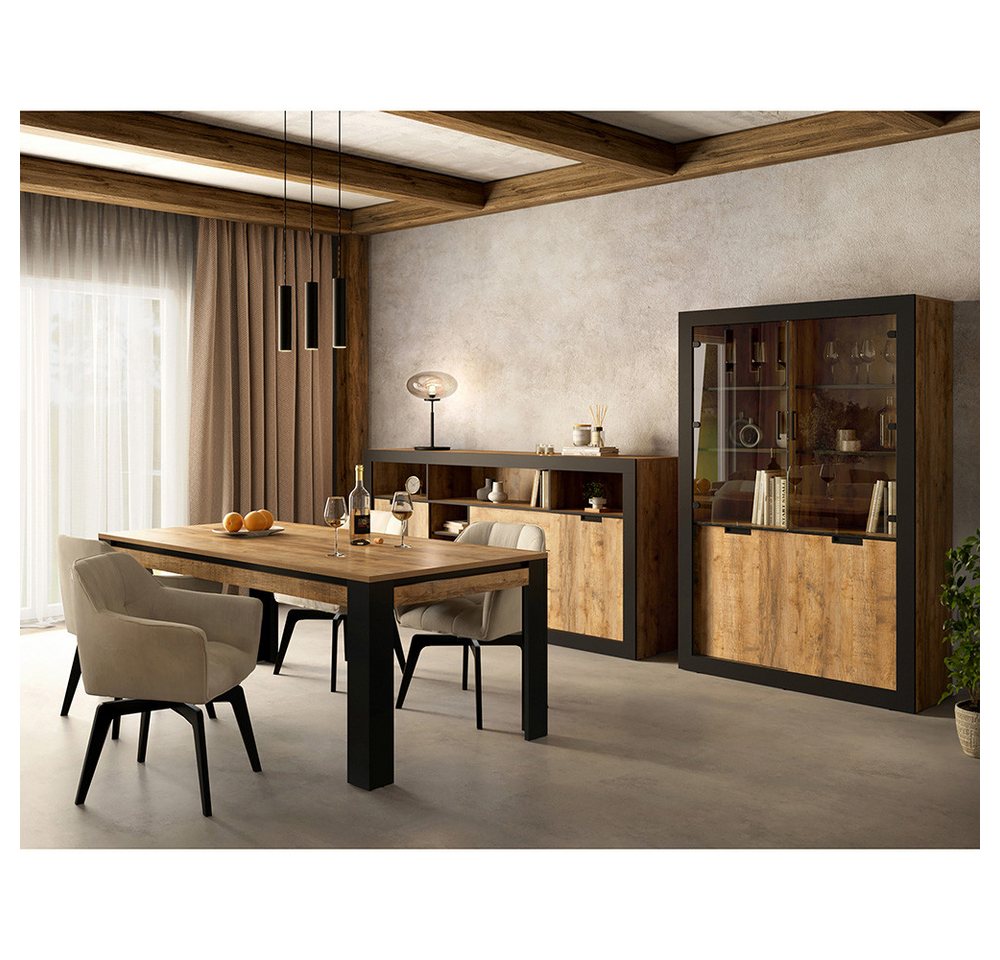 Lomadox Esszimmer-Set TOLOSA-83, (Spar-Set, 3-St., Vitrine Esstisch Kommode), in Eiche mit Rahmen in Mattschwarz, Industrial Stil von Lomadox