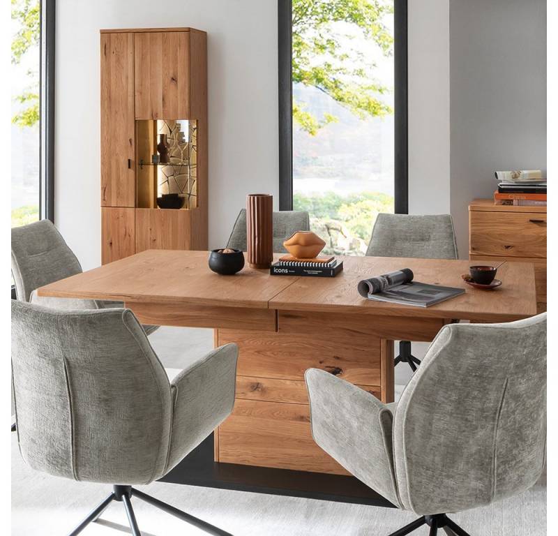 Lomadox Esszimmer-Set VELJE-05, (Spar-Set, 2-St., Esstisch Vitrine), Ausziehtisch 180/230cm, Eiche teilmassiv mit LED-Beleuchtung von Lomadox