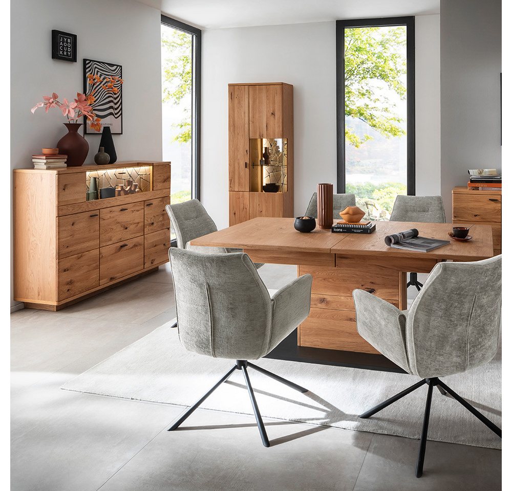 Lomadox Esszimmer-Set VELJE-05, (Spar-Set, 3-St., Esstisch Highboard Vitrine), Ausziehtisch 180/230cm, Eiche teilmassiv mit LED-Beleuchtung von Lomadox