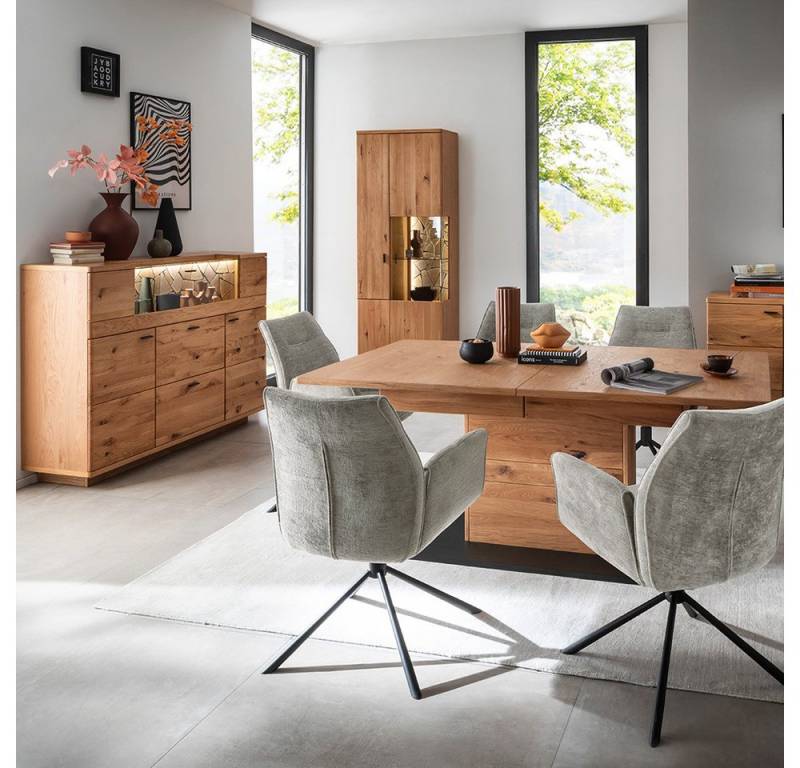 Lomadox Esszimmer-Set VELJE-05, (Spar-Set, 3-St., Esstisch Highboard Vitrine), Ausziehtisch 180/230cm, Eiche teilmassiv mit LED-Beleuchtung von Lomadox