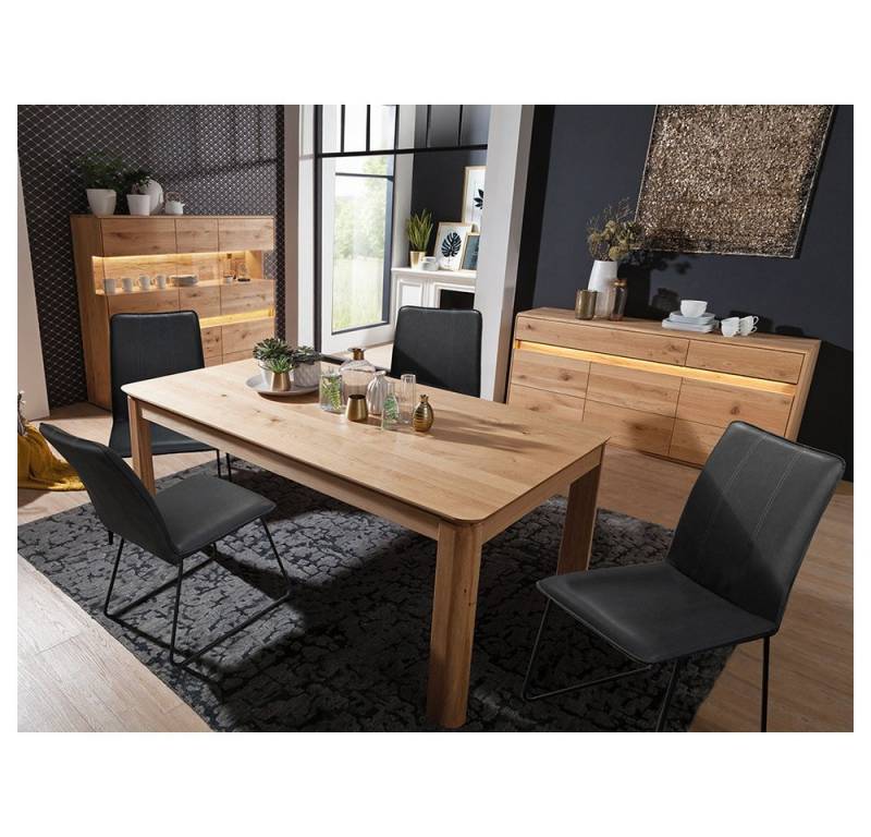 Lomadox Esszimmer-Set WELLAND-69, (Spar-Set, 3-St., Esstisch Highboard Sideboard), in Eiche massiv geölt inkl. Beleuchtung, Esstisch 180x100 cm, montiert von Lomadox