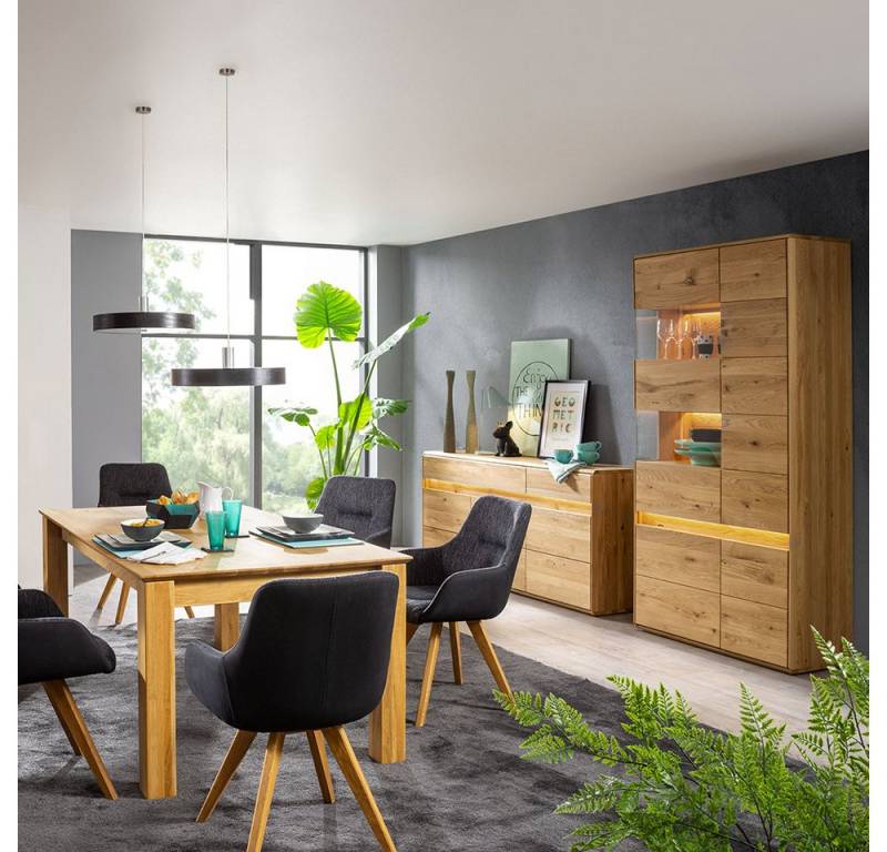 Lomadox Esszimmer-Set WELLAND-69, (Spar-Set, 3-St., Esstisch Sideboard Vitrine), in Eiche massiv geölt inkl. Beleuchtung, Esstisch 180x100 cm, montiert von Lomadox